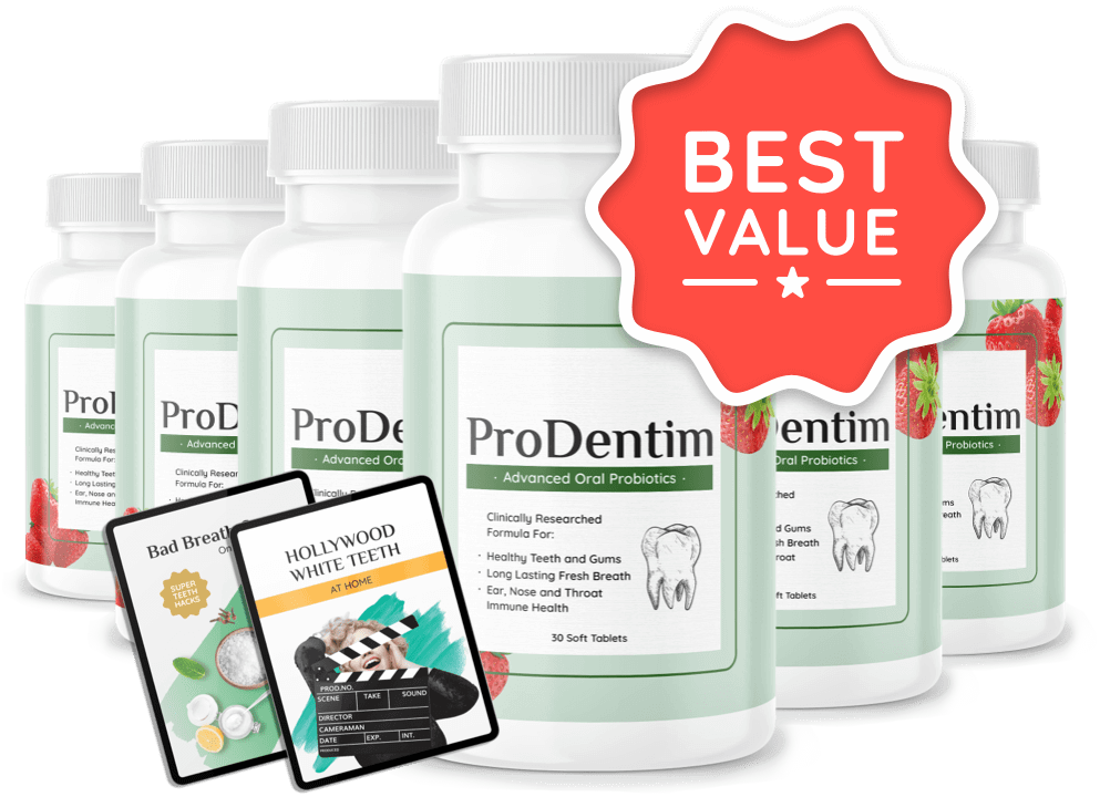 Prodentim six bottles with free bonuses and banner